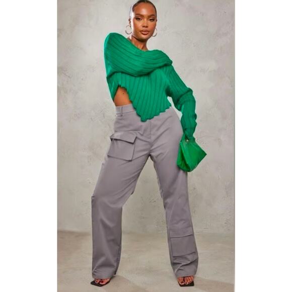 PrettyLittleThing Green Chunky Knit Long Sleeve Dip Hem Crop Top NWT UK Size XL - Picture 1 of 7